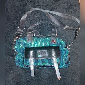 SHEIN Shimmery Teal Sequined Shoulder Bag with Black Trim